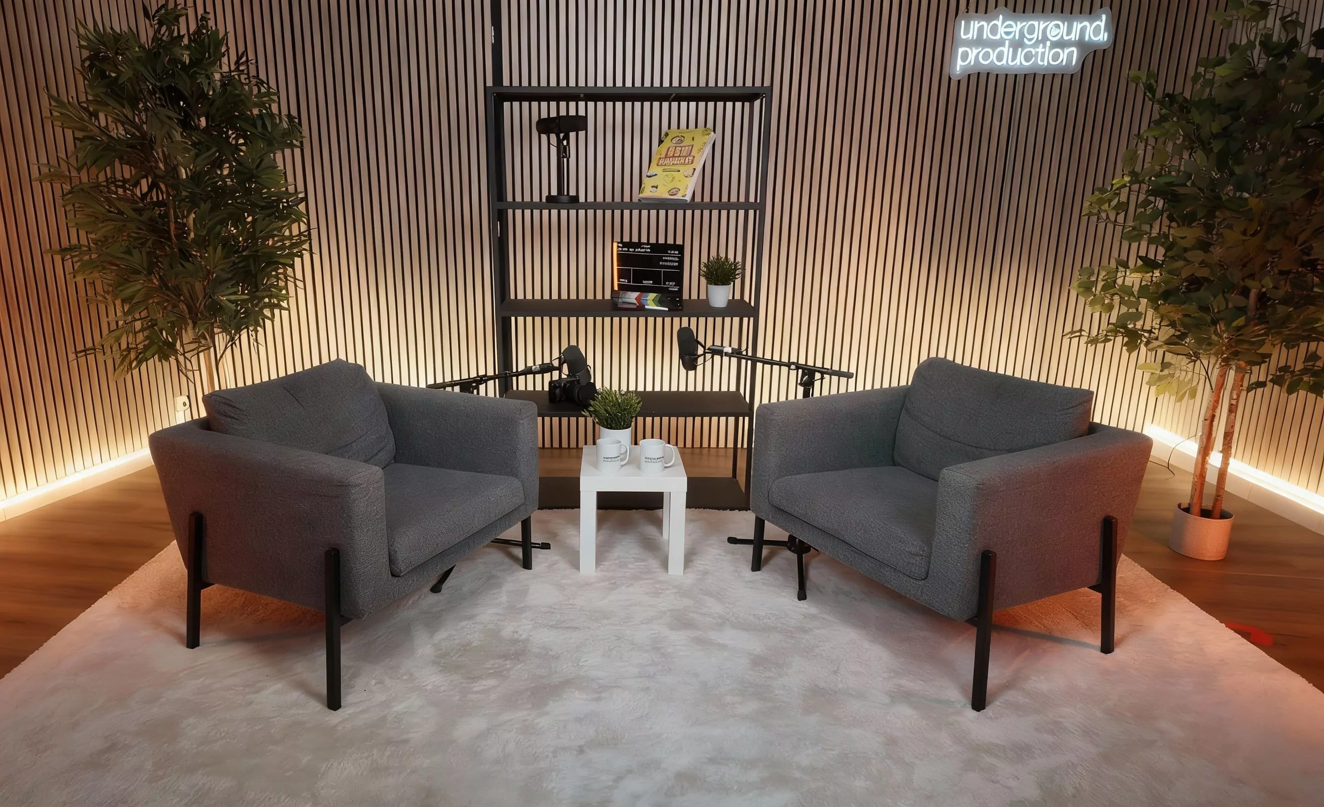 Plateau d'interview Underground Production avec fauteuils, micros et décor bois naturel