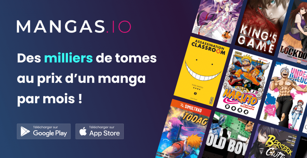 Affiche de l'application Mangas.io : des milliers de tomes au prix d'un manga par mois